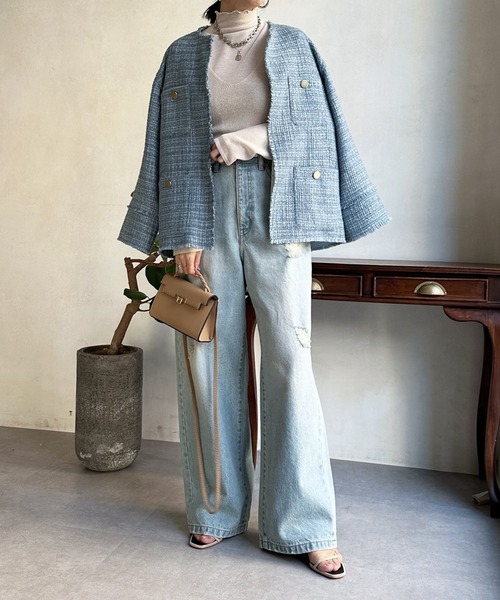 「DouDou」 ツイードジャケット FREE オフホワイト レディース_画像3