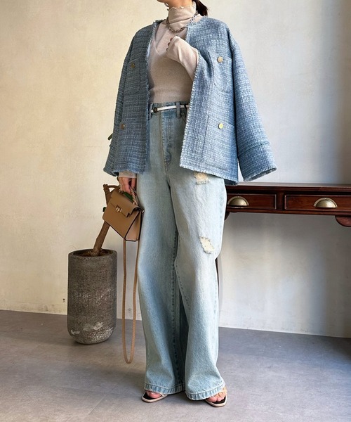 「DouDou」 ツイードジャケット FREE オフホワイト レディース_画像5