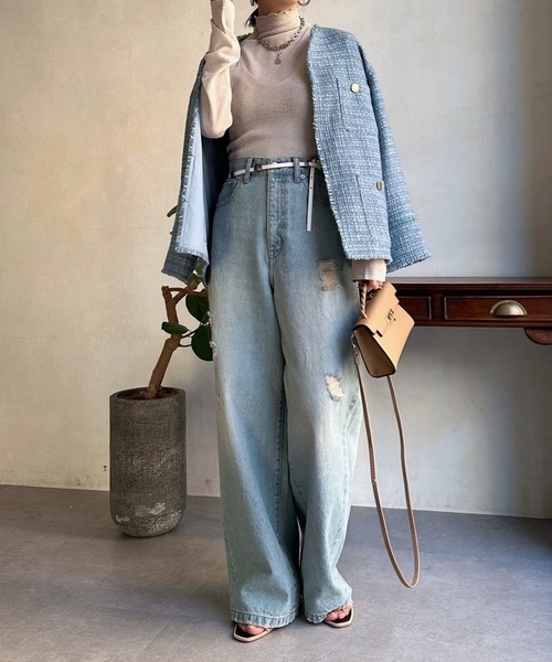 「DouDou」 ツイードジャケット FREE オフホワイト レディース_画像7