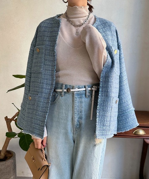 「DouDou」 ツイードジャケット FREE オフホワイト レディース_画像9