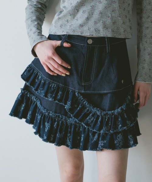 スカート damage frill denim mini skirt / ダメージフリルデニムミニ