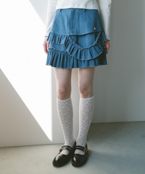 スカート damage frill denim mini skirt / ダメージフリルデニムミニ