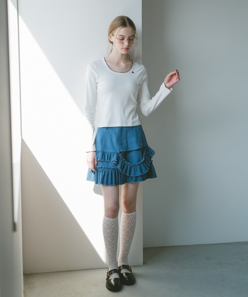 スカート damage frill denim mini skirt / ダメージフリルデニムミニ