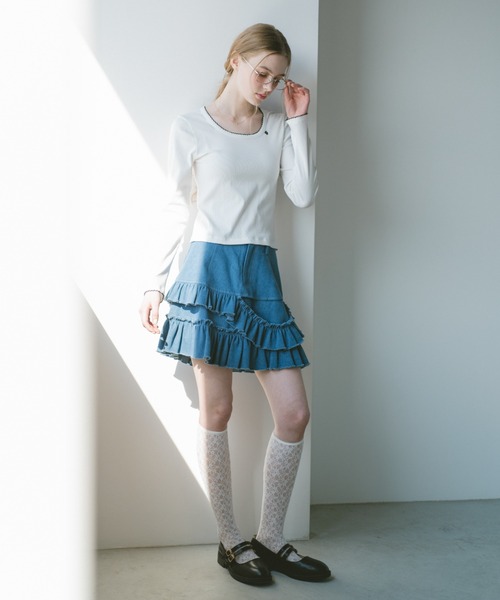 スカート damage frill denim mini skirt / ダメージフリルデニムミニ