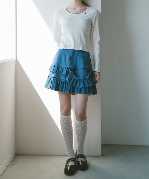 スカート damage frill denim mini skirt / ダメージフリルデニムミニ