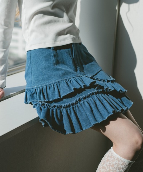 スカート damage frill denim mini skirt / ダメージフリルデニムミニ