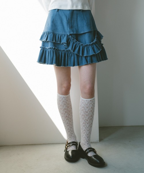 スカート damage frill denim mini skirt / ダメージフリルデニムミニ