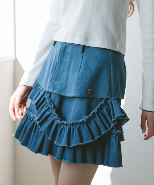 スカート damage frill denim mini skirt / ダメージフリルデニムミニ