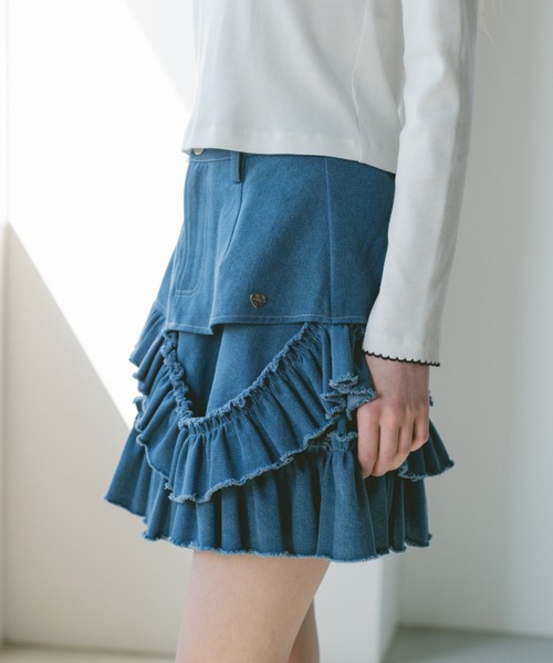 スカート damage frill denim mini skirt / ダメージフリルデニムミニ