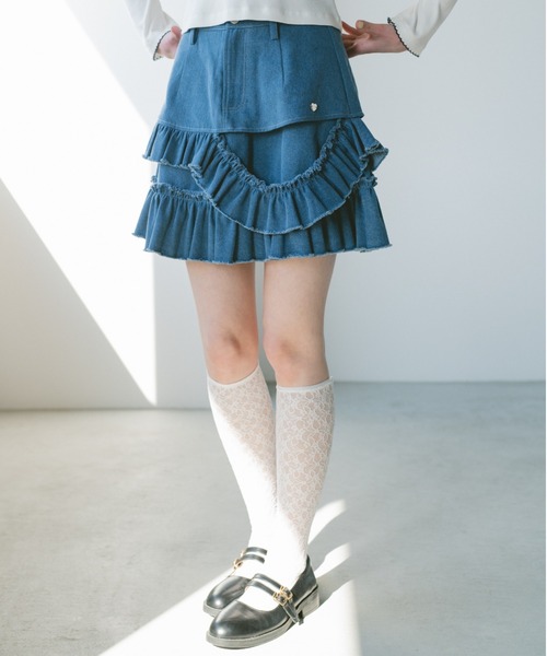 スカート damage frill denim mini skirt / ダメージフリルデニムミニ