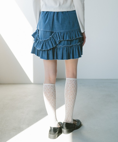 スカート damage frill denim mini skirt / ダメージフリルデニムミニ
