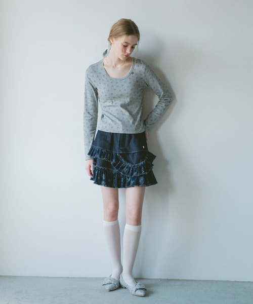スカート damage frill denim mini skirt / ダメージフリルデニムミニ