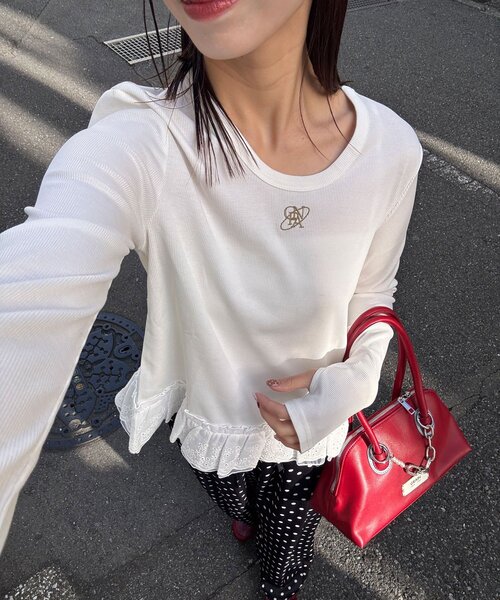 コンパーニャイタリアーナ お袖レース ストレッチカットソー pual ce cin tシャツ ダブルストレッチレースカットソー レディース