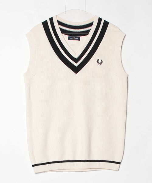 「FRED PERRY」 ノースリーブニット M ベージュ メンズ