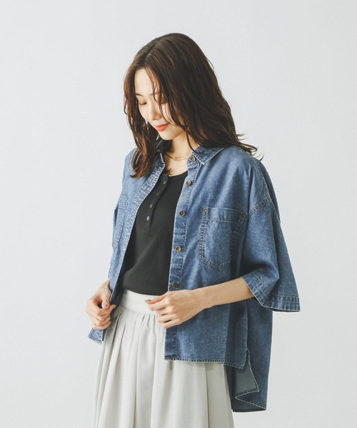 clore+ レディワークシャツ GLOBAL WORK（グローバルワーク） ブラウス シャツ 夏 半袖 GOODデニム