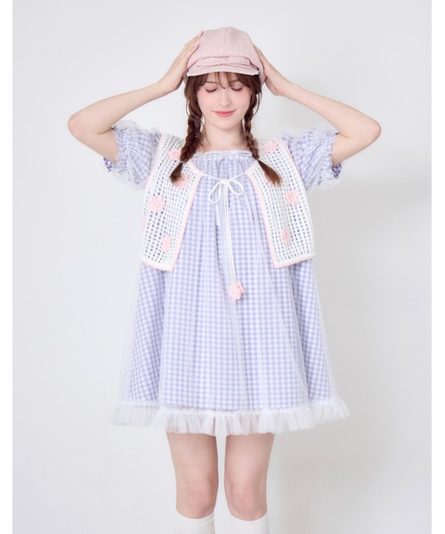 Lolime by mellfy memory ワンピース 半袖 gingham check tulle dress
