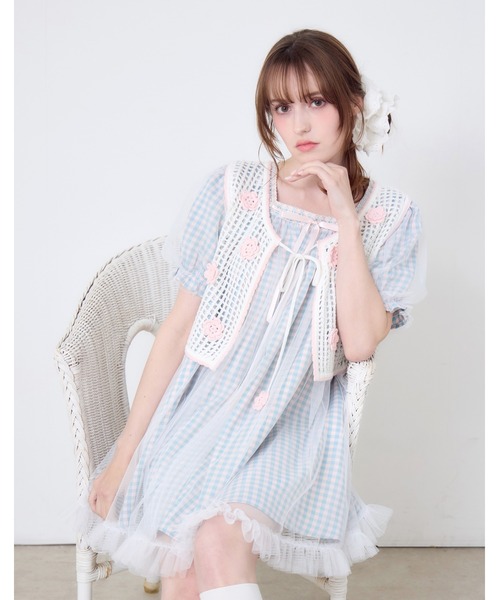 Lolime by mellfy memory ワンピース 半袖 gingham check tulle dress