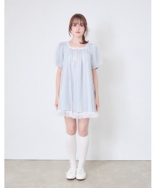 Lolime by mellfy memory ワンピース 半袖 gingham check tulle dress