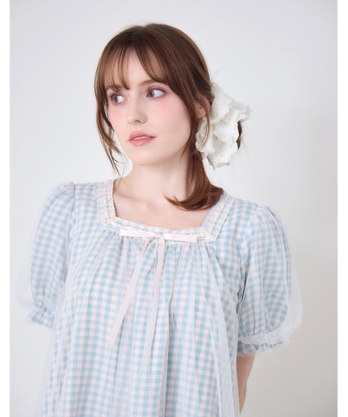 Lolime by mellfy memory ワンピース 半袖 gingham check tulle dress