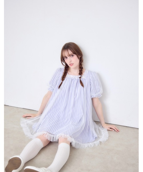 Lolime by mellfy memory ワンピース 半袖 gingham check tulle dress