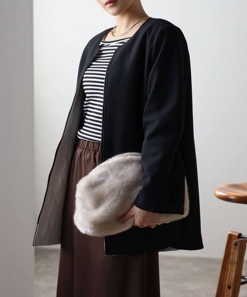 ＆HALF ノーカラーコート コート Fウール×キルト2WAYコート