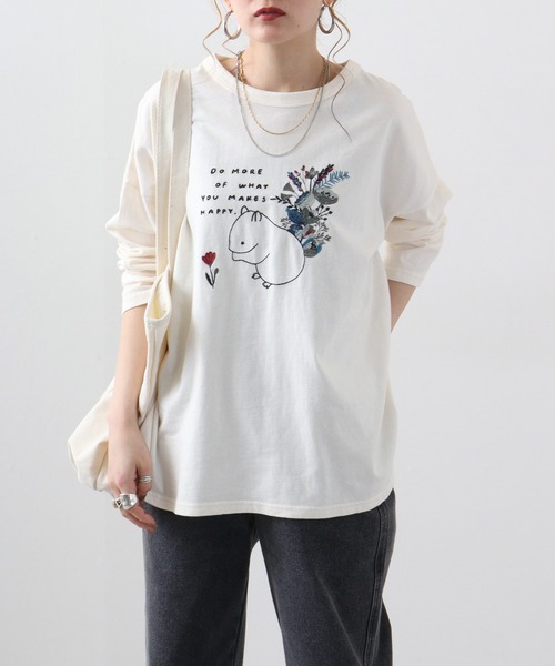 tシャツ EMAGO リス刺繍ワイドプルオーバー レディース