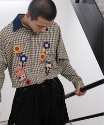 シャツ HOOK -original- レトロ調花パッチワーク刺繍チェック柄長袖
