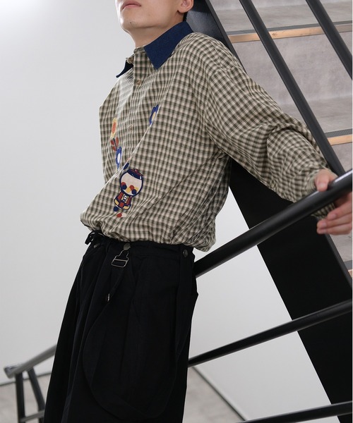 シャツ HOOK -original- レトロ調花パッチワーク刺繍チェック柄長袖