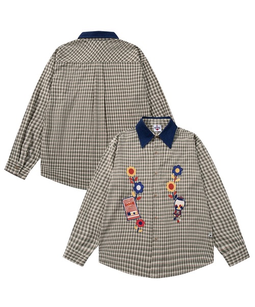 シャツ HOOK -original- レトロ調花パッチワーク刺繍チェック柄長袖