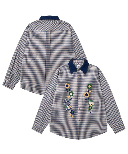 シャツ HOOK -original- レトロ調花パッチワーク刺繍チェック柄長袖 シャツ HOOK -original- レトロ調花パッチワーク刺繍チェック柄長袖