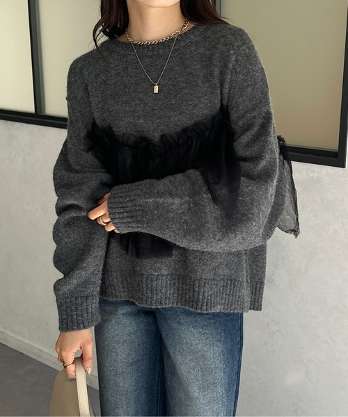 フェンネル FENNEL チュールビスチェドッキングニットトップス （ブラック） フェンネル FENNEL チュールビスチェドッキングニットトップス