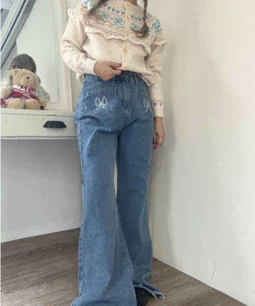 MORE self LOVE ジーンズ デニム デニムパンツ リボンストーン