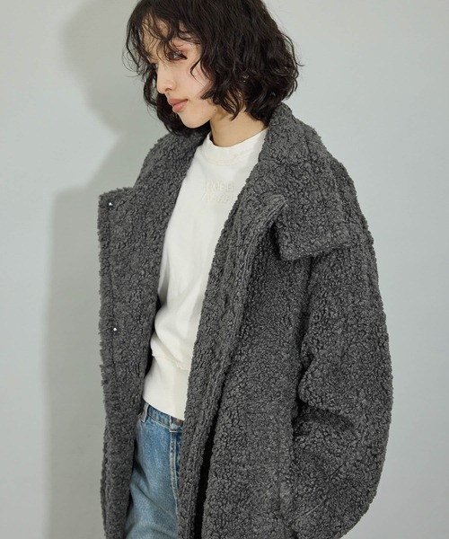 ADAM ET ROPE' スタンドカラーボアコート　グレー ADAM ET ROPE'（アダムエロペ） コート アウター 「WEB限定」スタンド