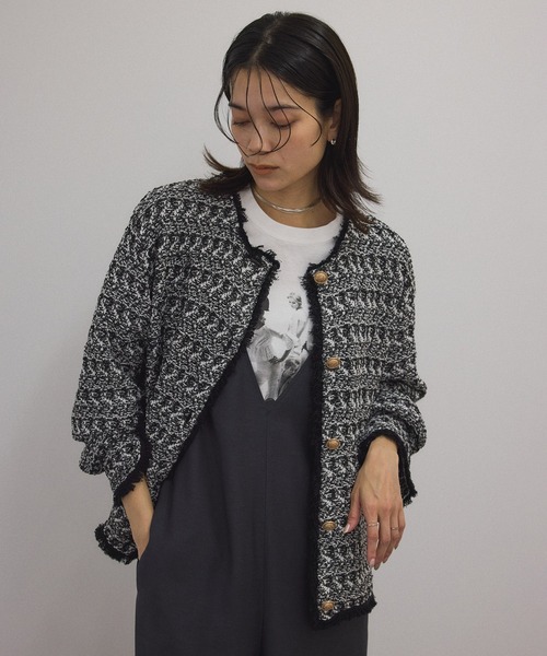 美品 ADAWAS サマー ツイード フリンジ ニット ジャケット カーディガン SALON adam et rope' カーディガン 「WEB限定」ツイードフリンジ