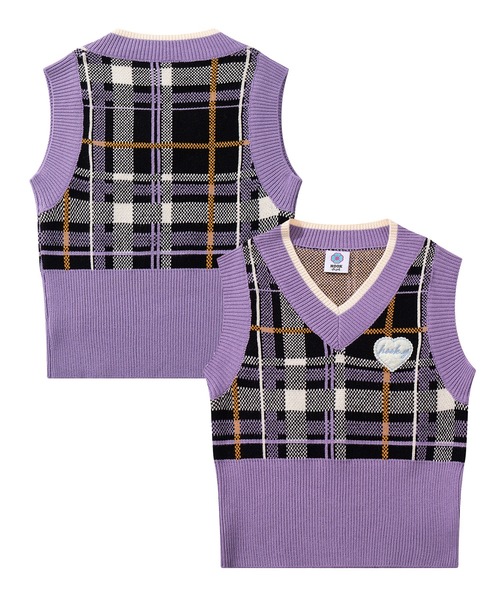 ベスト ジレ 「HOOK」for girls ハートワッペンチェック柄ニット