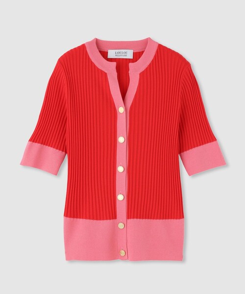 カーディガン  「LOULOU WILLOUGHBY」バイカラーキーネック5分袖カーディガン レディース