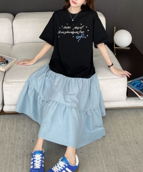 FAVORITO ワンピース 異素材切り替えクルーネック半袖ワンピース