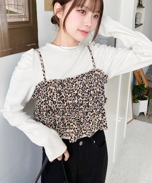 moment+ tシャツ レオパード柄ビスチェセット長袖リブカットソー