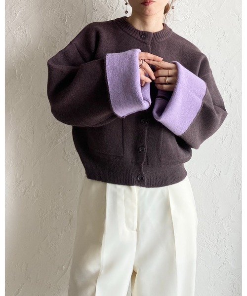 Sandro バイカラー ニット カーディガン 長袖 She's Closet カーディガン ショート丈長袖配色バイカラーニット
