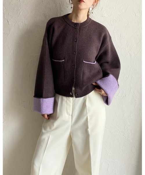She's Closet カーディガン ショート丈長袖配色バイカラーニット