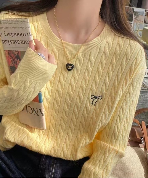ニット セーター 刺繍ケーブルニットプルオーバー レディース