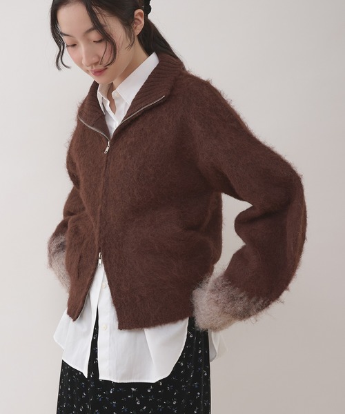 MUHET モヘア風カーディガン　ライトブラウン MUHET（ミュエータ） カーディガン gradation sleeve driver zip knit