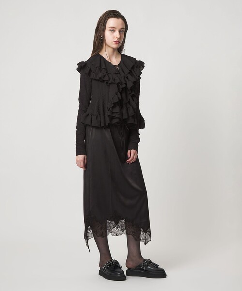 【中古】アストラット ASTRAET 25SS カルゼ タイトロングスカート スリット サテン 0 ブラック レディース ASTRAET（アストラット） スカート 「ASTRAET」サテン スソレース