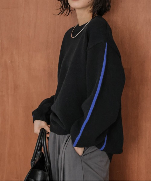 ニット セーター 配色ライン クルーネック ニットプルオーバー