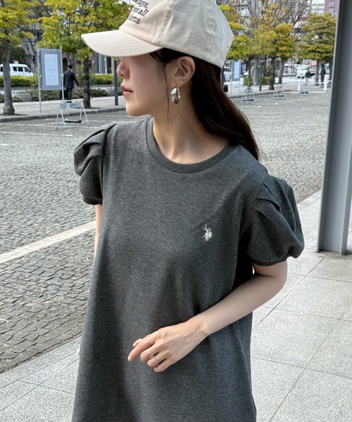ワンピース 「U.S. POLO ASSN.」ワンポイント刺繍 バルーンスリーブ ナチュラルフレアワンピースの画像