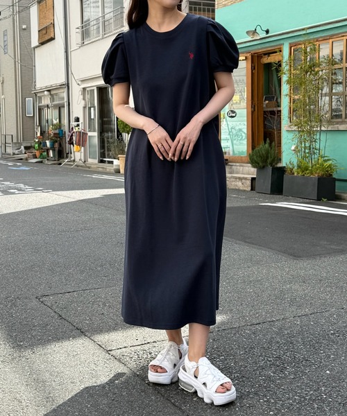 ワンピース 「U.S. POLO ASSN.」ワンポイント刺繍 バルーンスリーブ ナチュラルフレアワンピースの画像