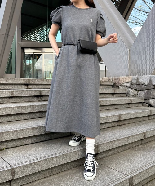 ワンピース 「U.S. POLO ASSN.」ワンポイント刺繍 バルーンスリーブ ナチュラルフレアワンピースの画像