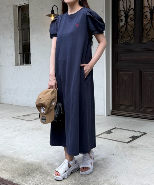 ワンピース 「U.S. POLO ASSN.」ワンポイント刺繍 バルーンスリーブ ナチュラルフレアワンピースの画像