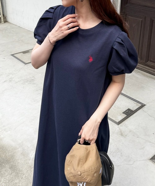 ワンピース 「U.S. POLO ASSN.」ワンポイント刺繍 バルーンスリーブ ナチュラルフレアワンピースの画像