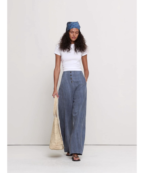 ワイドパンツ パンツ ハイライズ リラックス バレル ラミーコットン パンツ レディースの画像